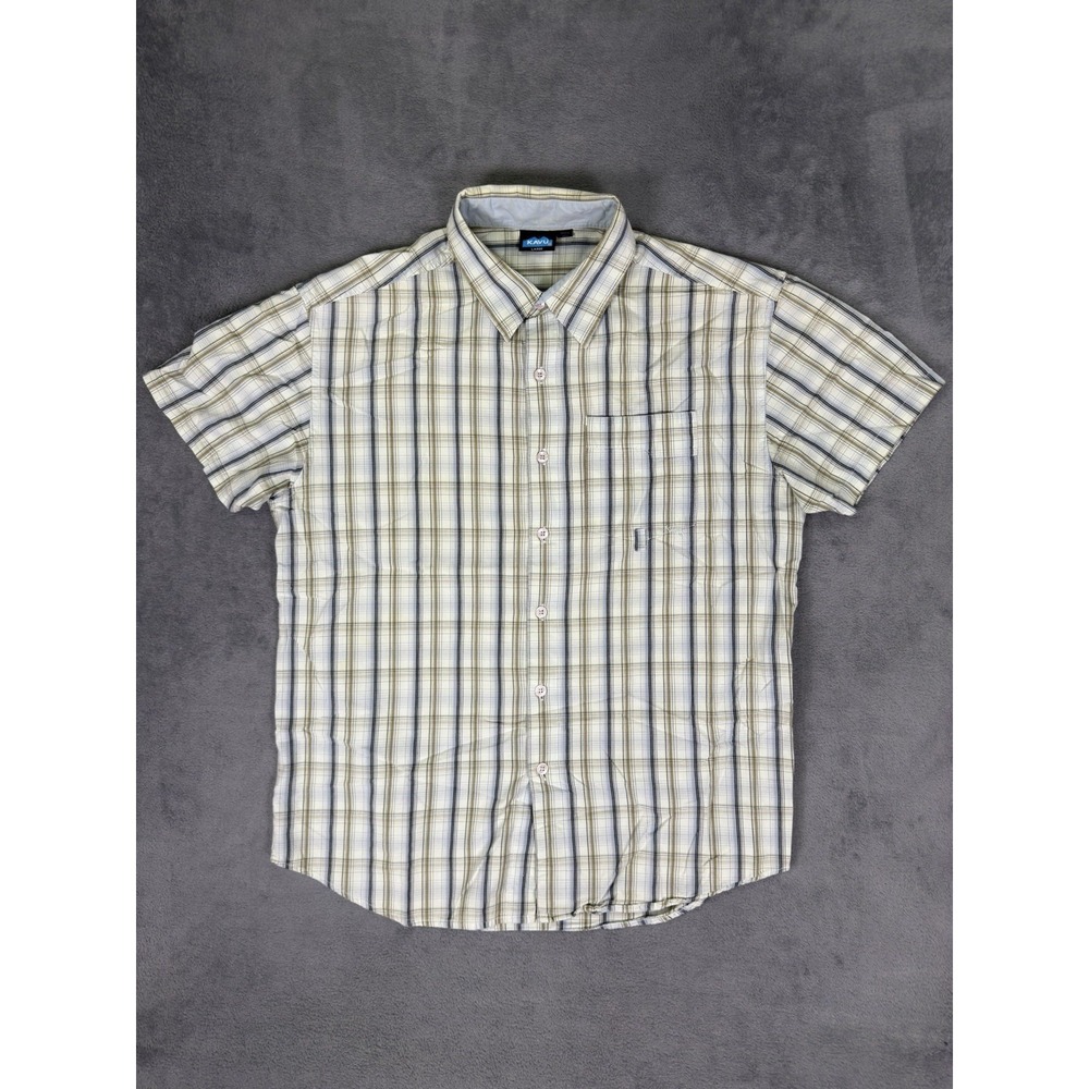 Kavu Casual Shirt Mens Large Ivory Blue Plaid Short Sleeve Button Down Outdoor